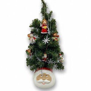 Vintage Santa Head Tabletop Christmas Tree with Ornaments and Silver Snowflakes
